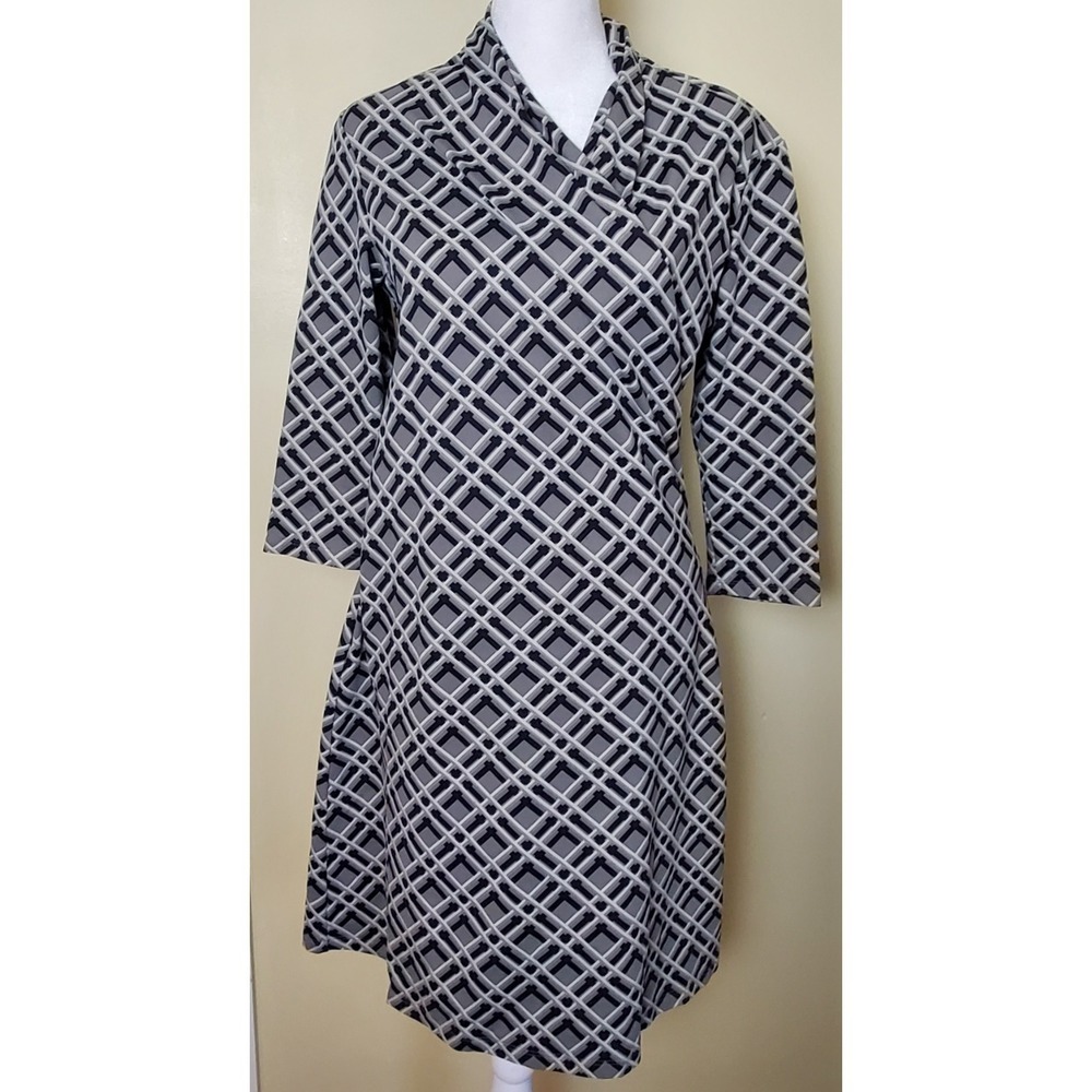 J Mclaughlin Catalina Cloth Mini Dress Geometric 3/4‎ Sleeves Medium Faux Wrap